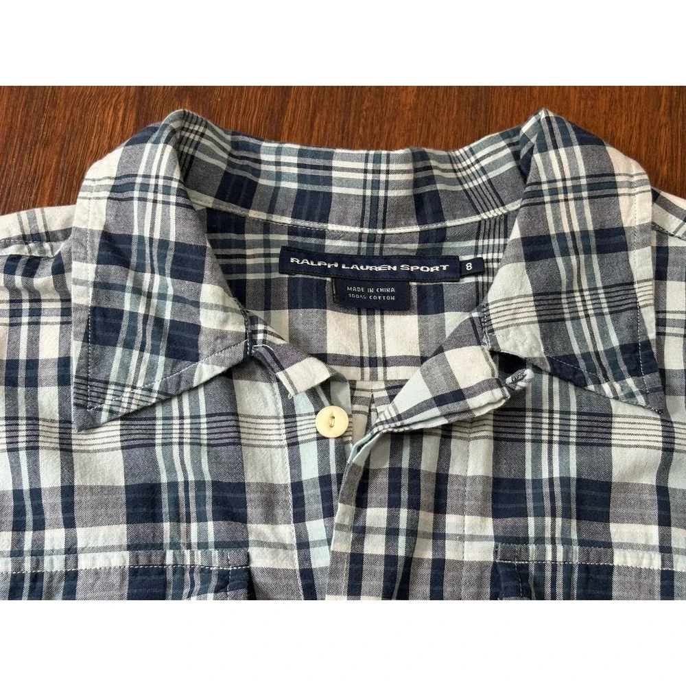 Ralph Lauren Sport Shirt Womens Size 8 Slim Fit Blue White Plaids Long Sleeve - Picture 3 of 15